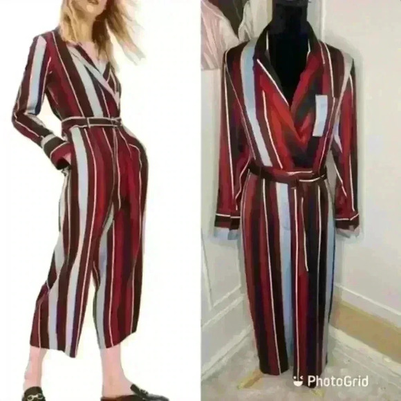 Topshop long sleeve, cropped length striped jumpsuit with belt. Size 12 - Picture 1 of 9